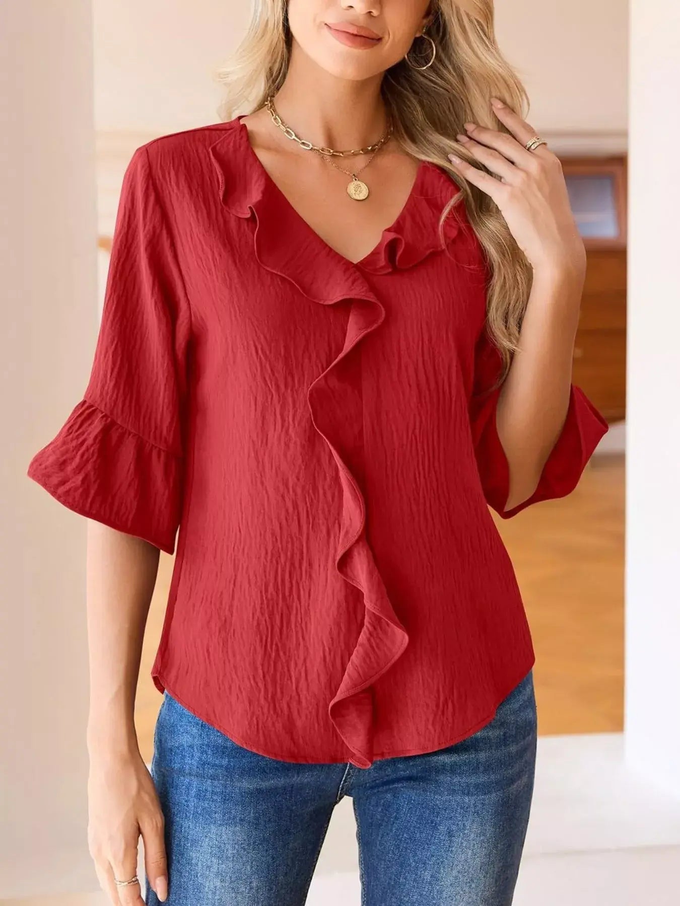Ruffled Flounce Sleeve Blouse - Trendsi - Flyclothing LLC