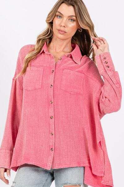 SAGE + FIG Frayed Hem Side Slit Button Down Shirt - Trendsi - Flyclothing LLC