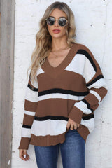 Color Block V-Neck Dropped Shoulder Sweater - Trendsi - Flyclothing LLC