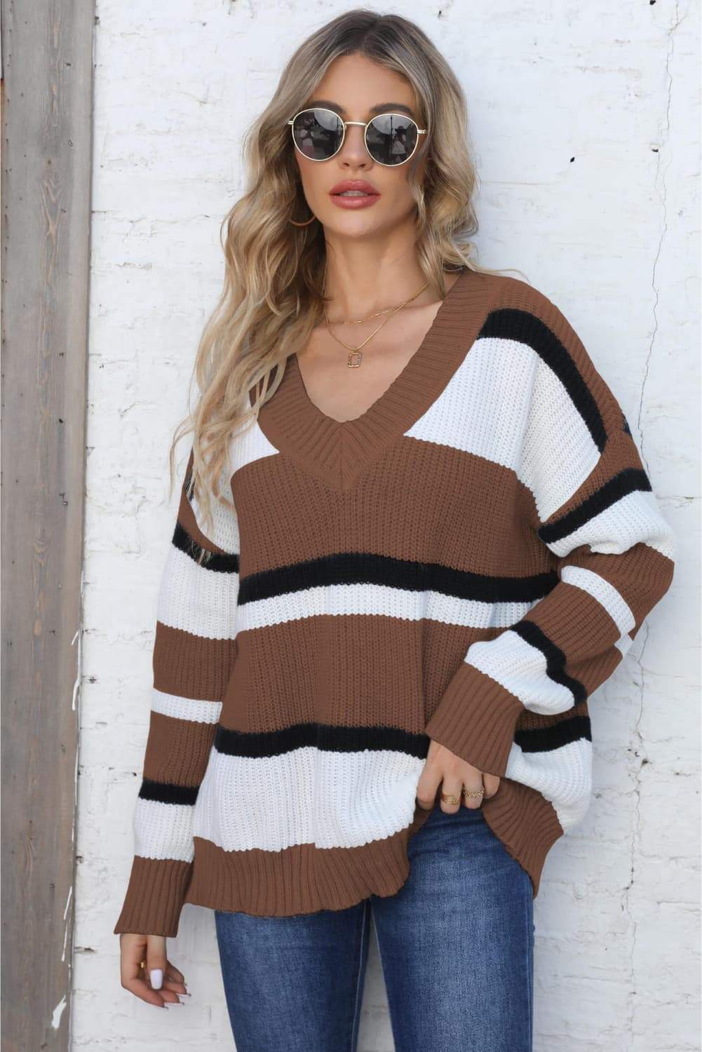 Color Block V-Neck Dropped Shoulder Sweater - Trendsi - Flyclothing LLC
