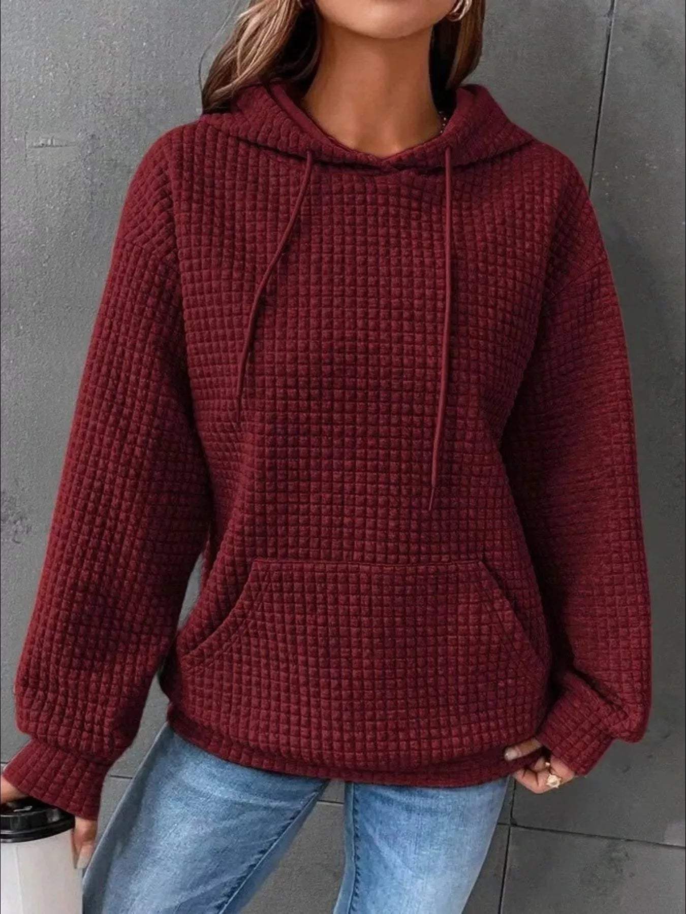 Full Size Textured Kangaroo Pocket Hoodie Plus Size - Trendsi - Flyclothing LLC