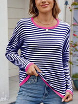 Striped Contrast Round Neck Long Sleeve Sweater - Trendsi - Flyclothing LLC