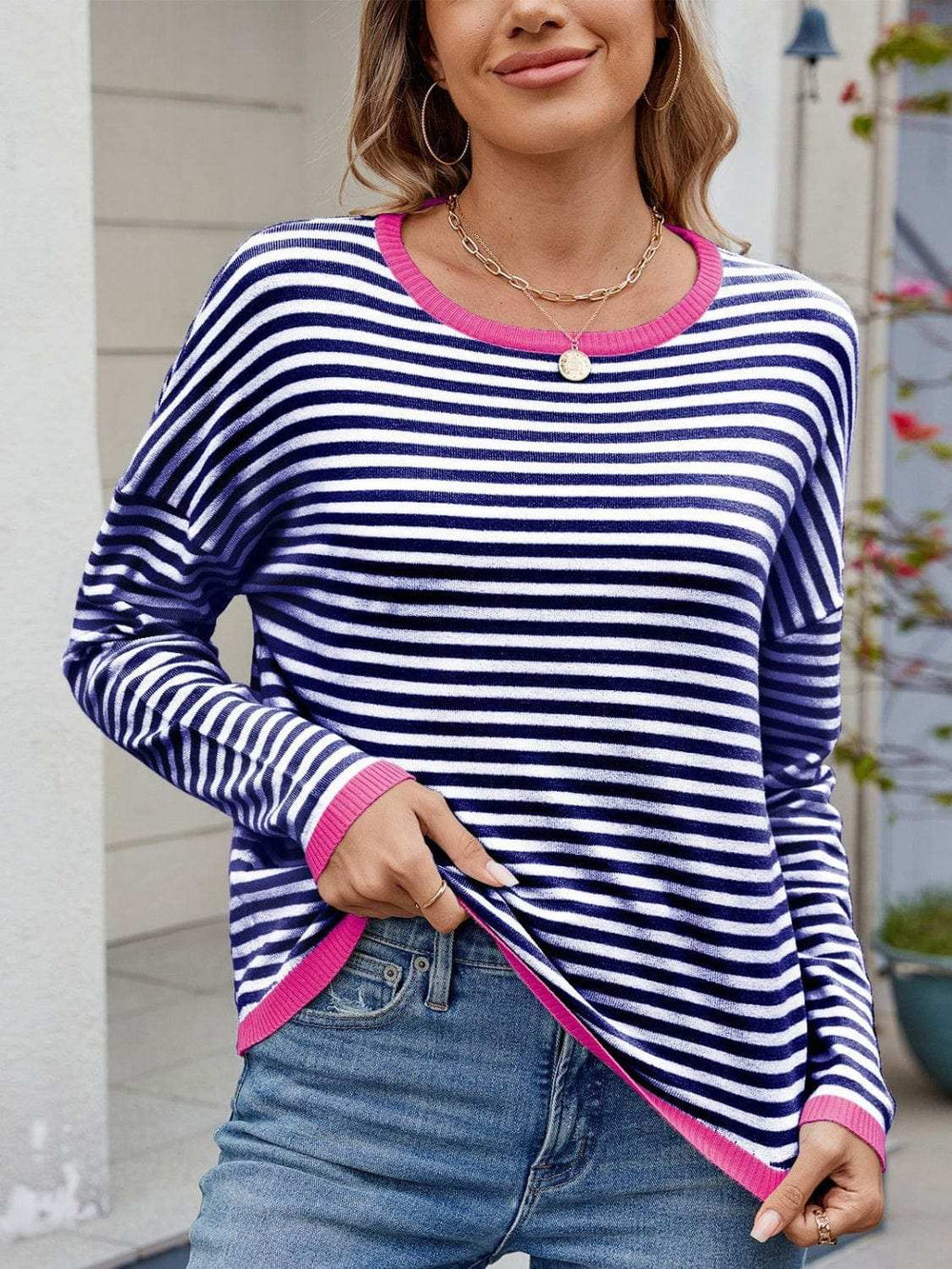Striped Contrast Round Neck Long Sleeve Sweater - Trendsi - Flyclothing LLC