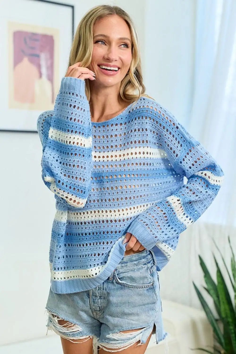 First Love Striped Long Sleeve Openwork Knit Top - Trendsi