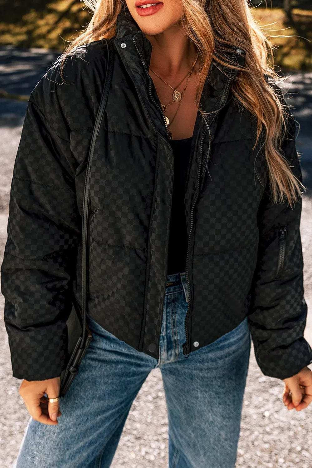Checkered Turtleneck Zip Up Long Sleeve Winter Coat - Trendsi - Flyclothing LLC