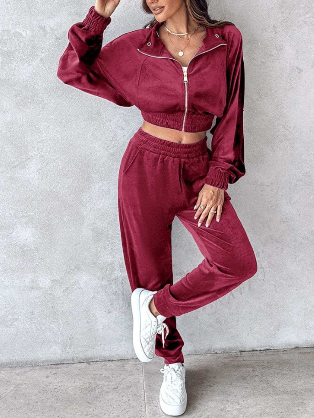 Zip Up Long Sleeve Cropped Top and Joggers Set - Trendsi - Flyclothing LLC
