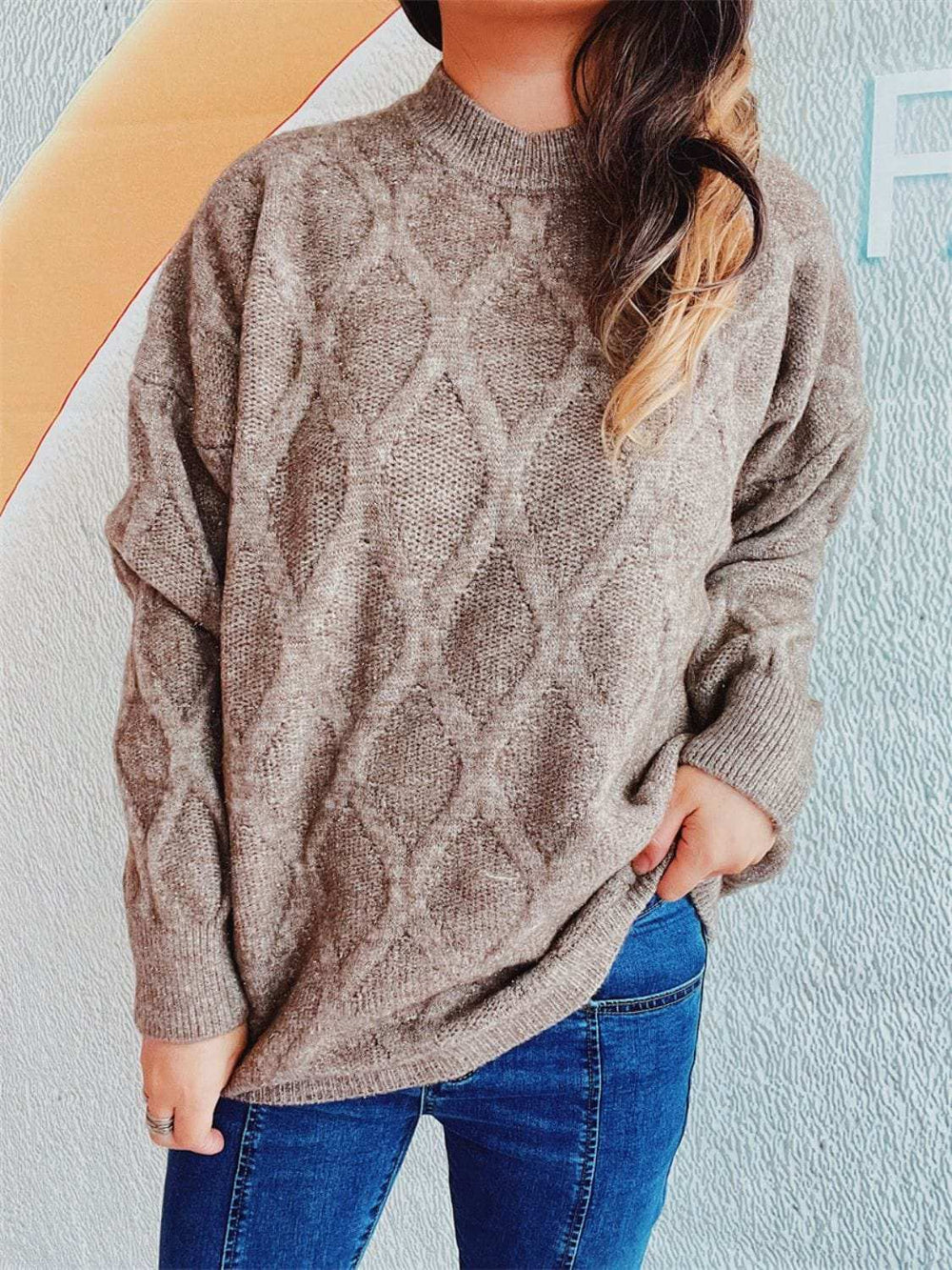 Diamond Round Neck Long Sleeve Sweater - Trendsi - Flyclothing LLC