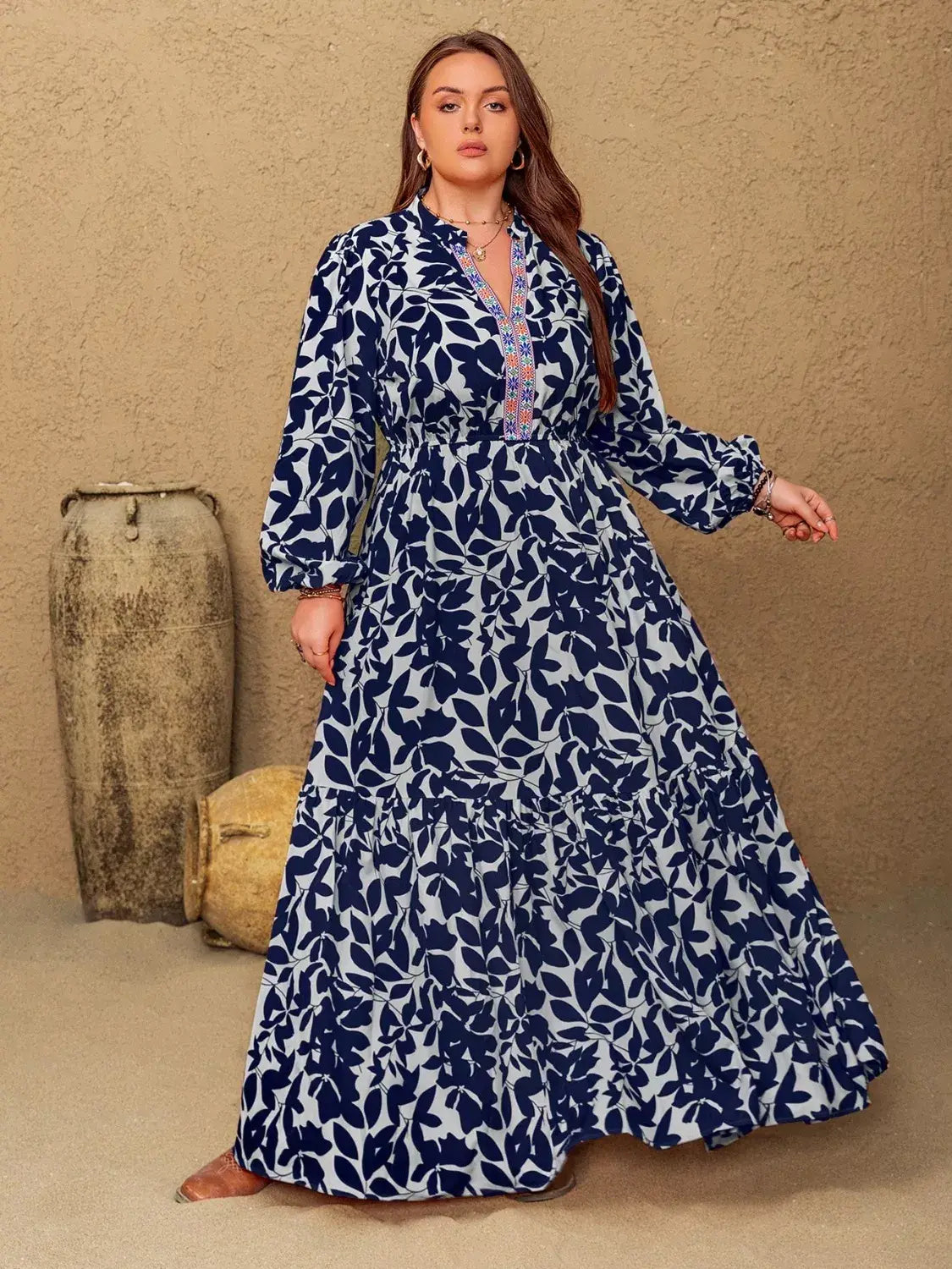 Plus Size Floral Print Notched Long Sleeve Maxi Dress - Trendsi - Flyclothing LLC