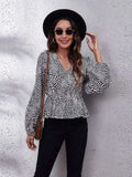 Ruched Printed V-Neck Long Sleeve Blouse - Trendsi - Flyclothing LLC