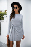 Tied Round Neck Long Sleeve Mini Dress - Trendsi