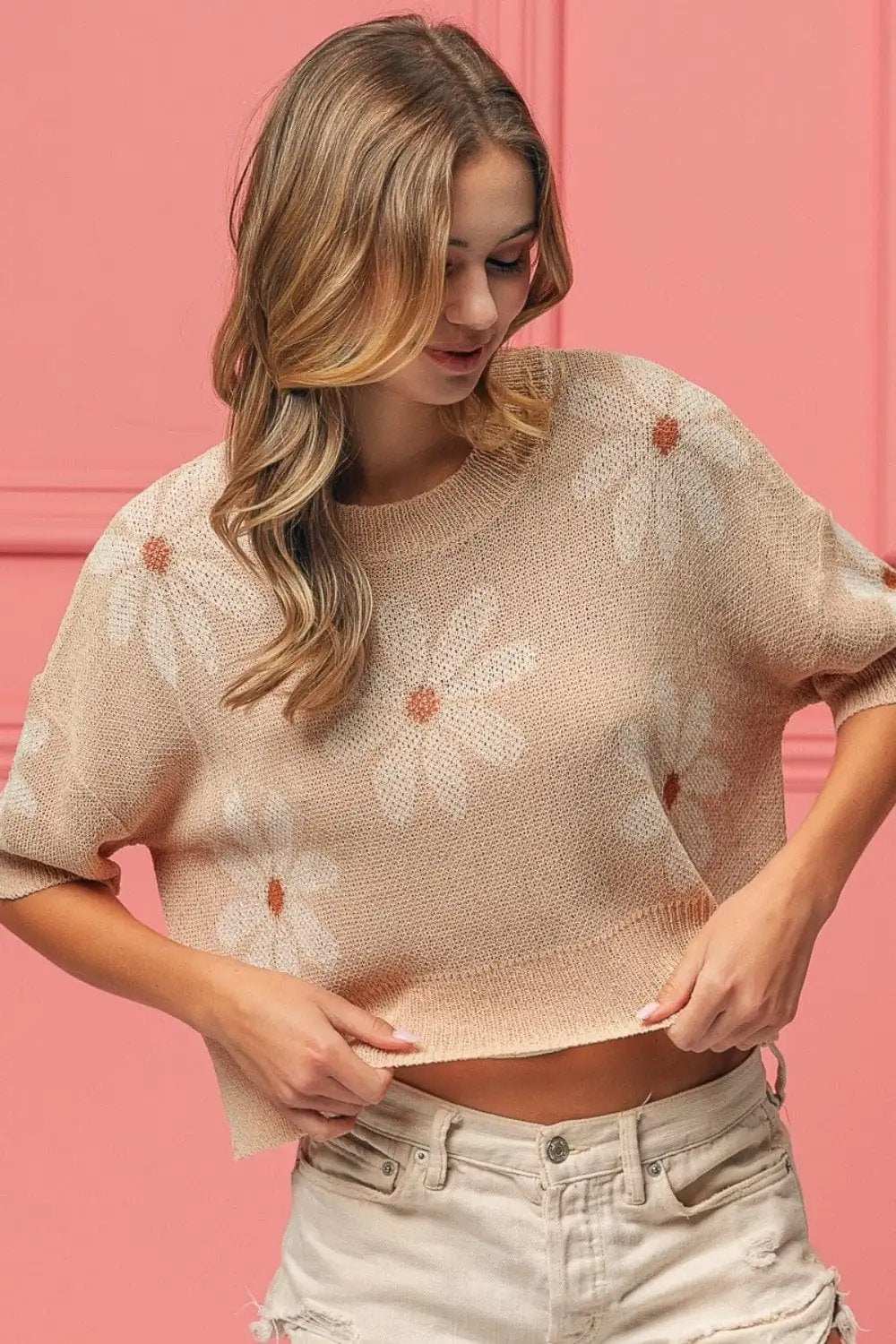 BiBi Floral Pattern Slit Sweater - Trendsi - Flyclothing LLC