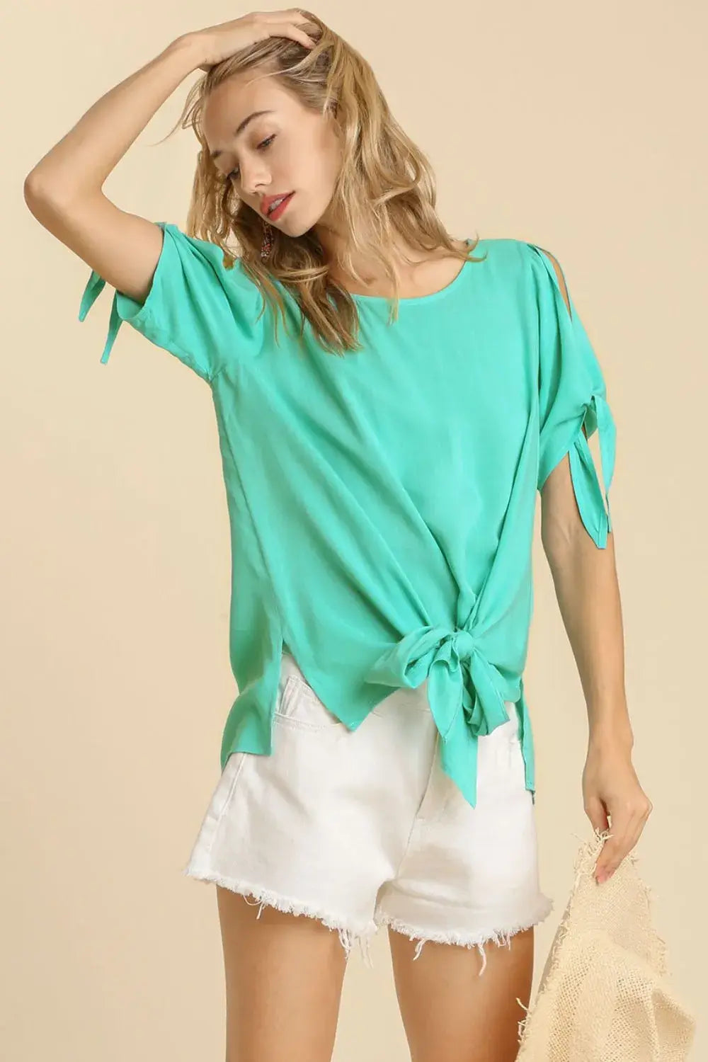 Umgee Cold Shoulder Short Sleeve Round Neck Top with Side Slits and Tie-able Knot Details - Trendsi - Flyclothing LLC