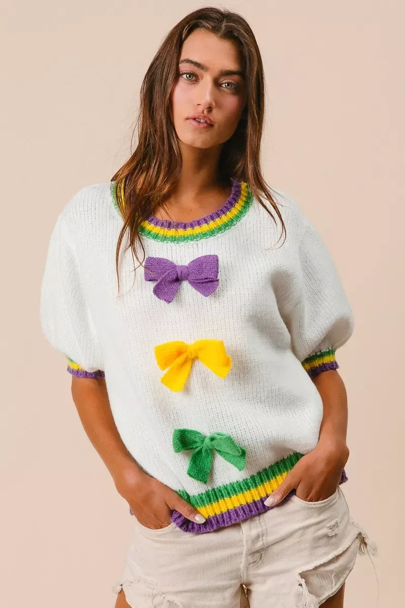 BiBi Short Puff Sleeve Ribbon Bow Mardi Gras Sweater - Trendsi - Flyclothing LLC