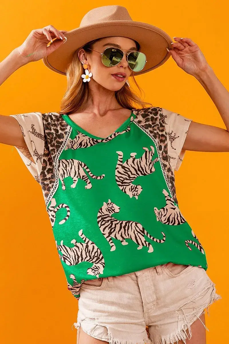 BiBi Tiger Printed Jersey Block T-Shirt with Aztec Trim - Trendsi - Flyclothing LLC
