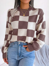 Checkered Mock Neck Long Sleeve Sweater - Trendsi - Flyclothing LLC