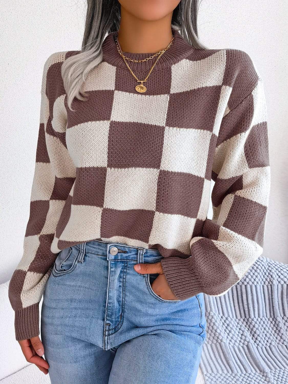 Checkered Mock Neck Long Sleeve Sweater - Trendsi - Flyclothing LLC