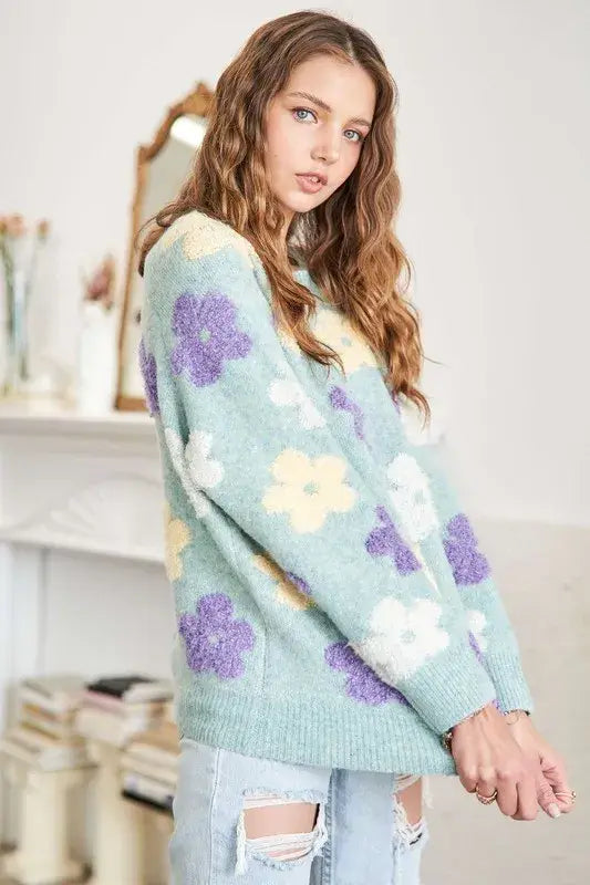 ADORA Full Size Floral Popped 2-Tone Sweater Top Plus Size - Trendsi - Flyclothing LLC