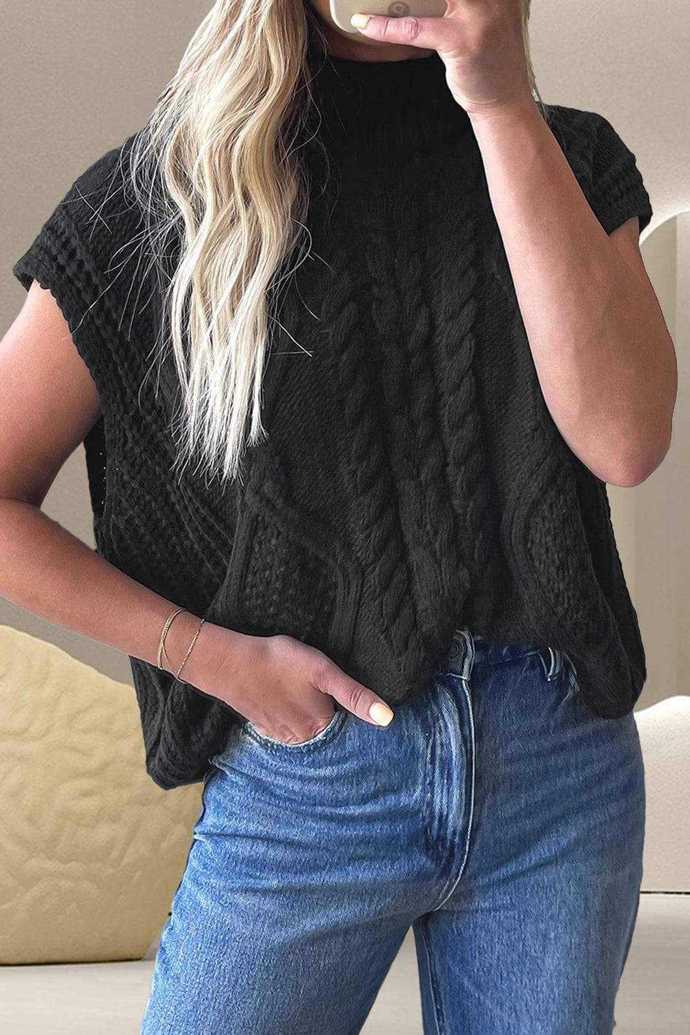Cable-Knit Mock Neck Cap Sleeve Sweater - Trendsi - Flyclothing LLC