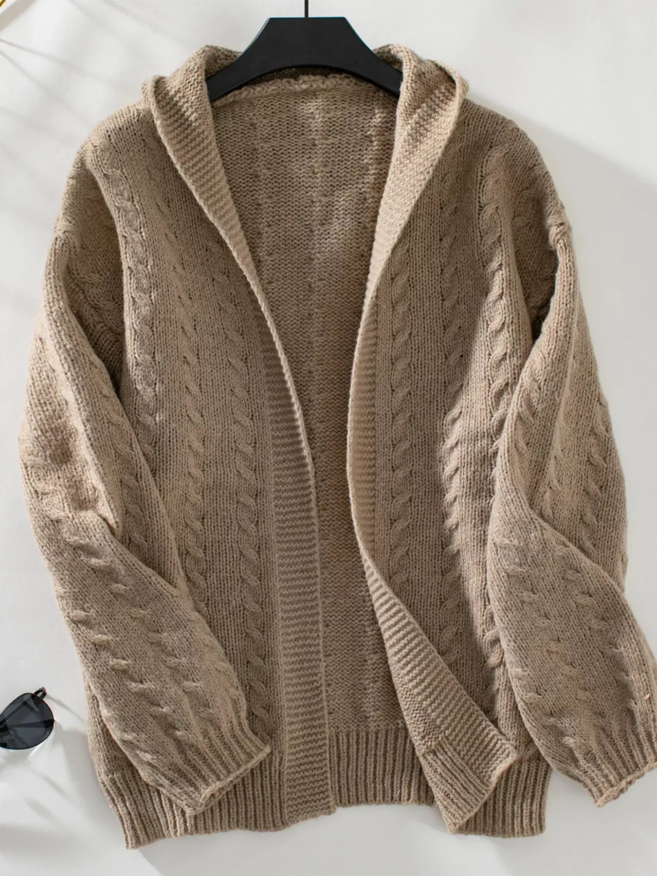 Cable Knit Open Front Hooded Cardigan - Trendsi - Flyclothing LLC