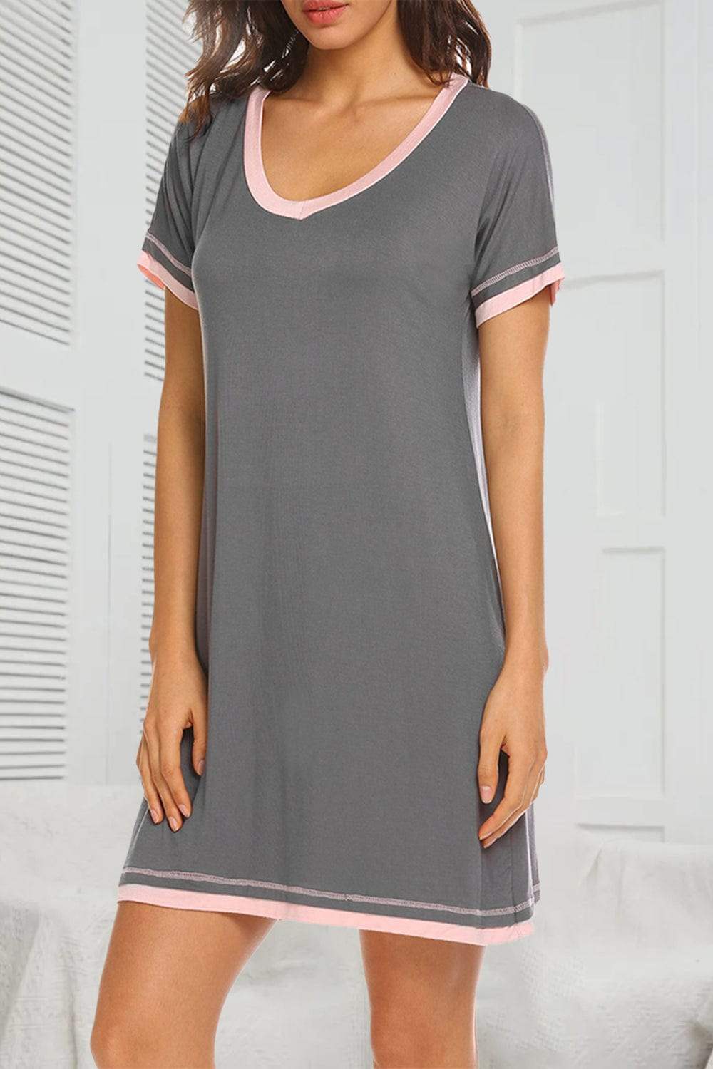 Contrast Trim Short Sleeve Lounge Dress - Trendsi - Flyclothing LLC