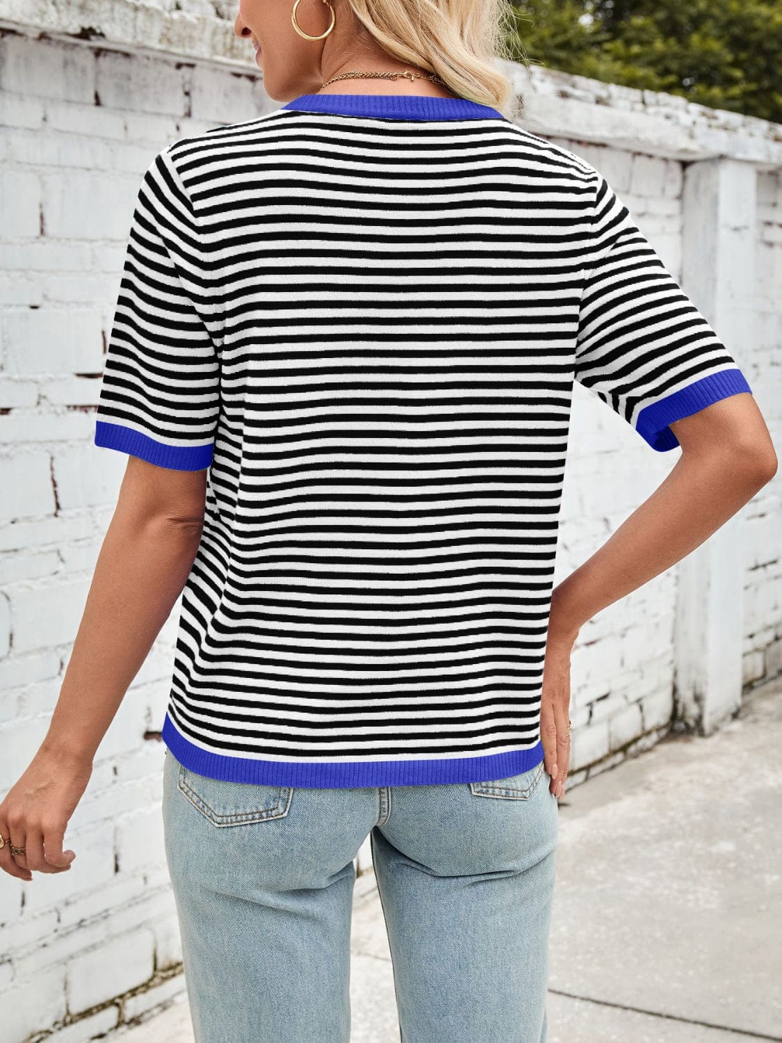 Lovelet Striped Contrast Round Neck Half Sleeve Knit Top - Trendsi