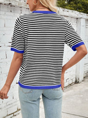 Lovelet Striped Contrast Round Neck Half Sleeve Knit Top - Trendsi