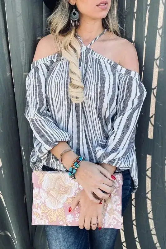 And The Why Stripe Printed Cold Shoulder Halter Neck Top - Trendsi