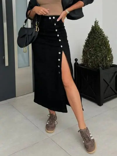 Front Button Slit Midi Denim Skirt - Trendsi - Flyclothing LLC