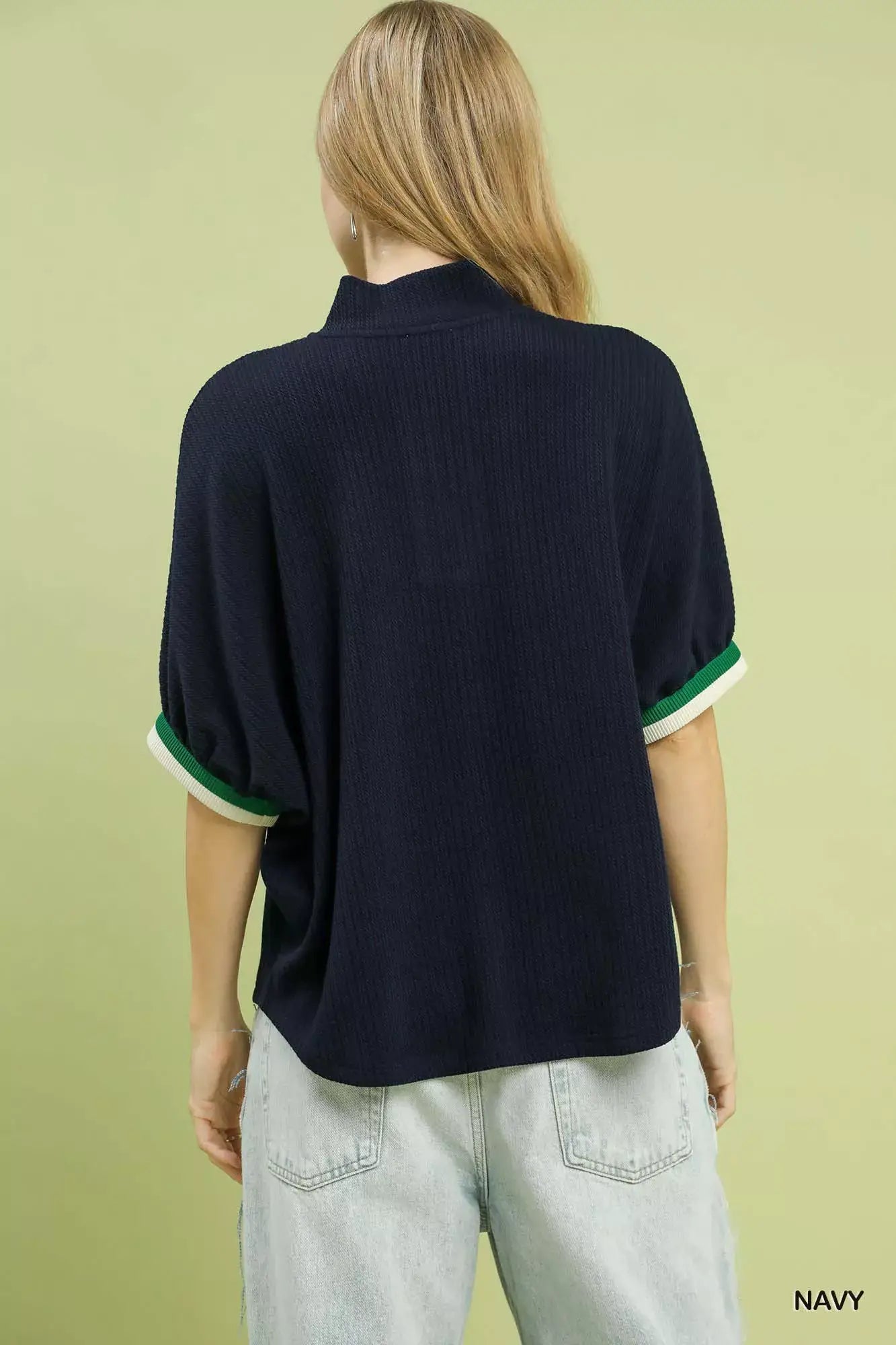 Umgee Textured Knit Top with Striped Contrast Trim - Trendsi - Flyclothing LLC
