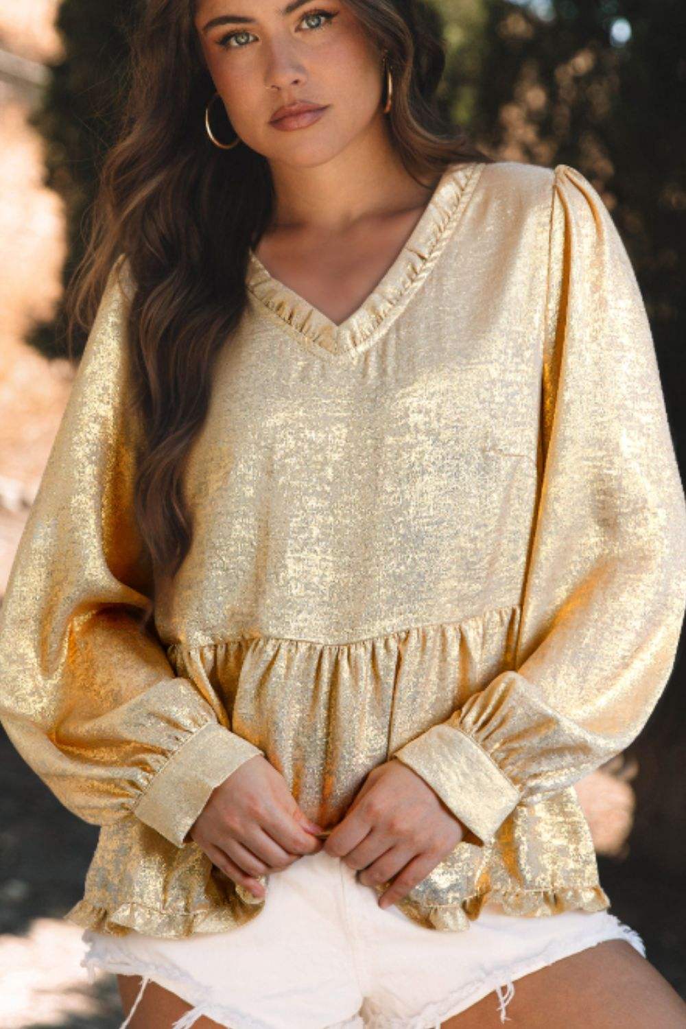 Frill Peplum V-Neck Long Sleeve Blouse - Trendsi - Flyclothing LLC