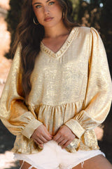 Frill Peplum V-Neck Long Sleeve Blouse - Trendsi - Flyclothing LLC