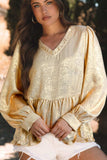 Frill Peplum V-Neck Long Sleeve Blouse - Trendsi - Flyclothing LLC