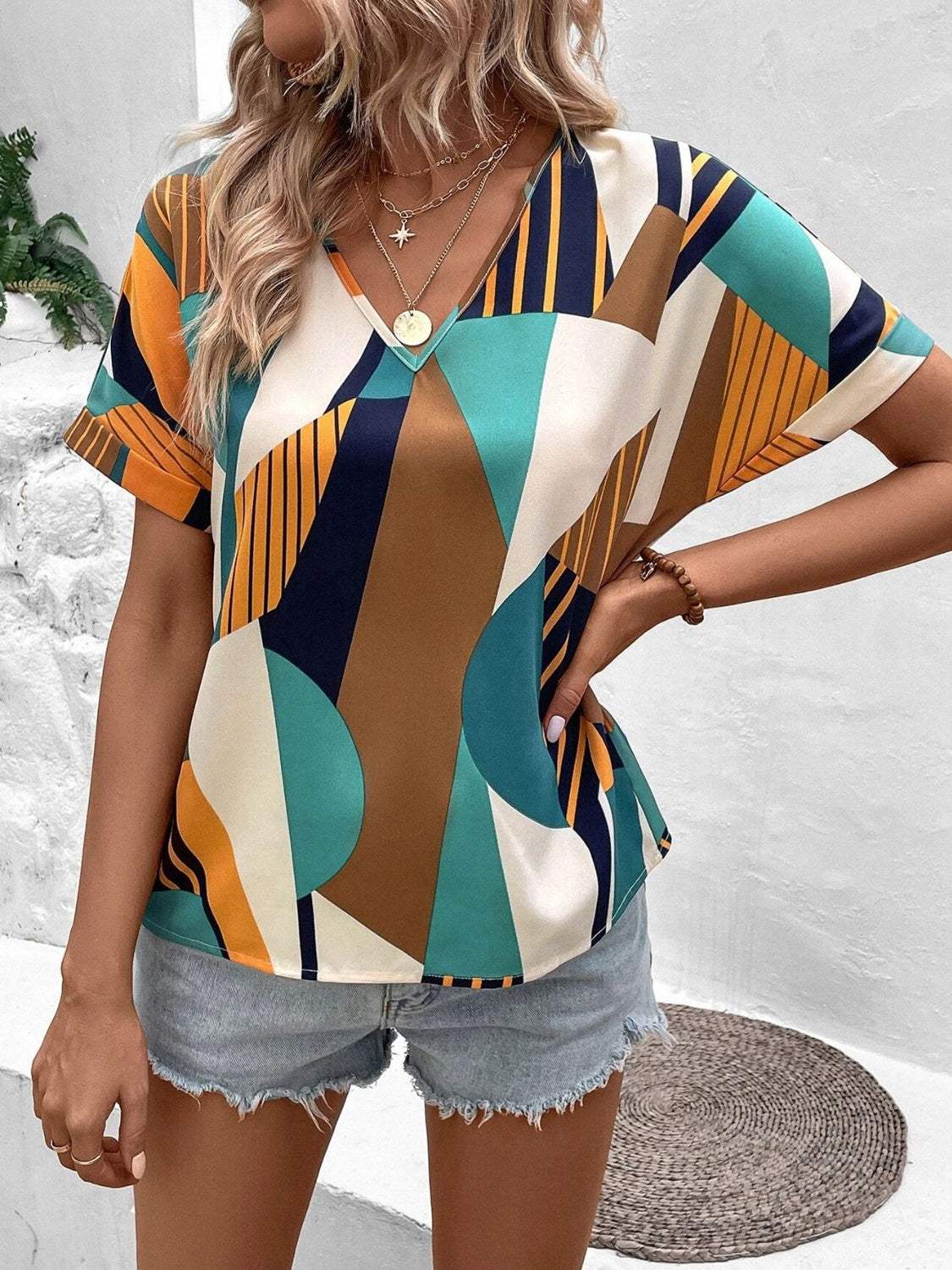 Printed V-Neck Short Sleeve Blouse - Trendsi - Flyclothing LLC