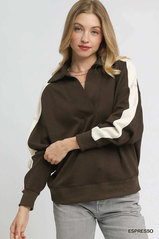 Umgee Color Block Polo Sweatshirt - Trendsi - Flyclothing LLC