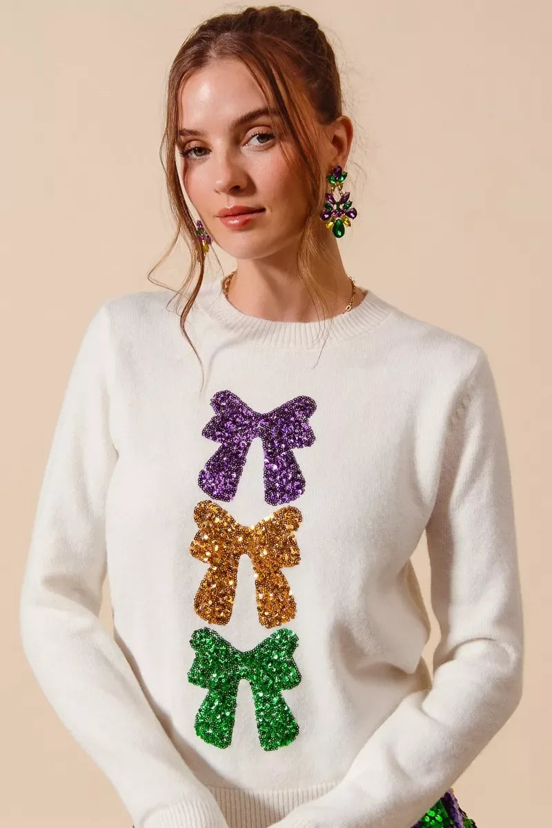 SO ME Mardi Gras Sequins Bow Ribbon Embellished Sweater - Trendsi - Flyclothing LLC