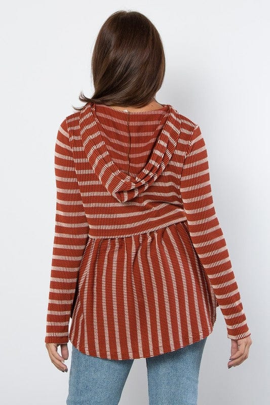 Be Stage Full Size Drawstring Striped Babydoll Hoodie - Trendsi