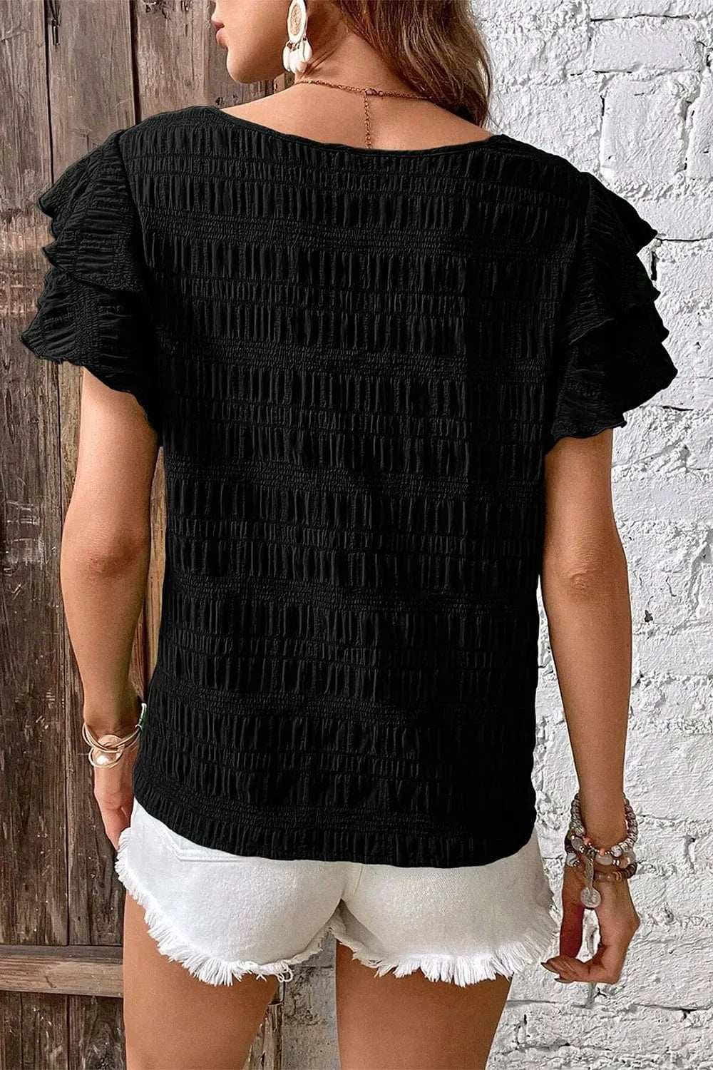Round Neck Ruffled Layered Short Sleeve Blouse - Trendsi - Flyclothing LLC