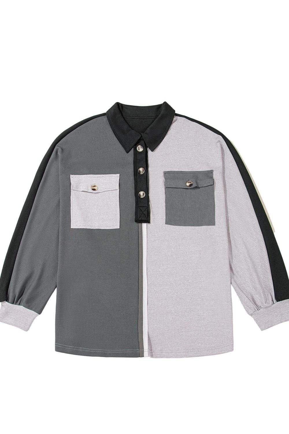 Color Block Collared Neck Long Sleeve Sweatshirt - Trendsi - Flyclothing LLC