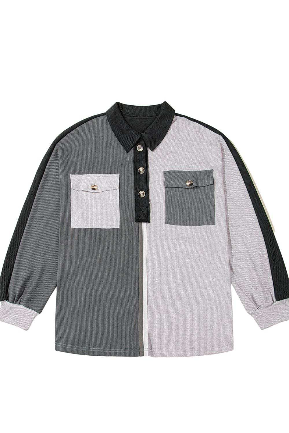 Color Block Collared Neck Long Sleeve Sweatshirt - Trendsi - Flyclothing LLC