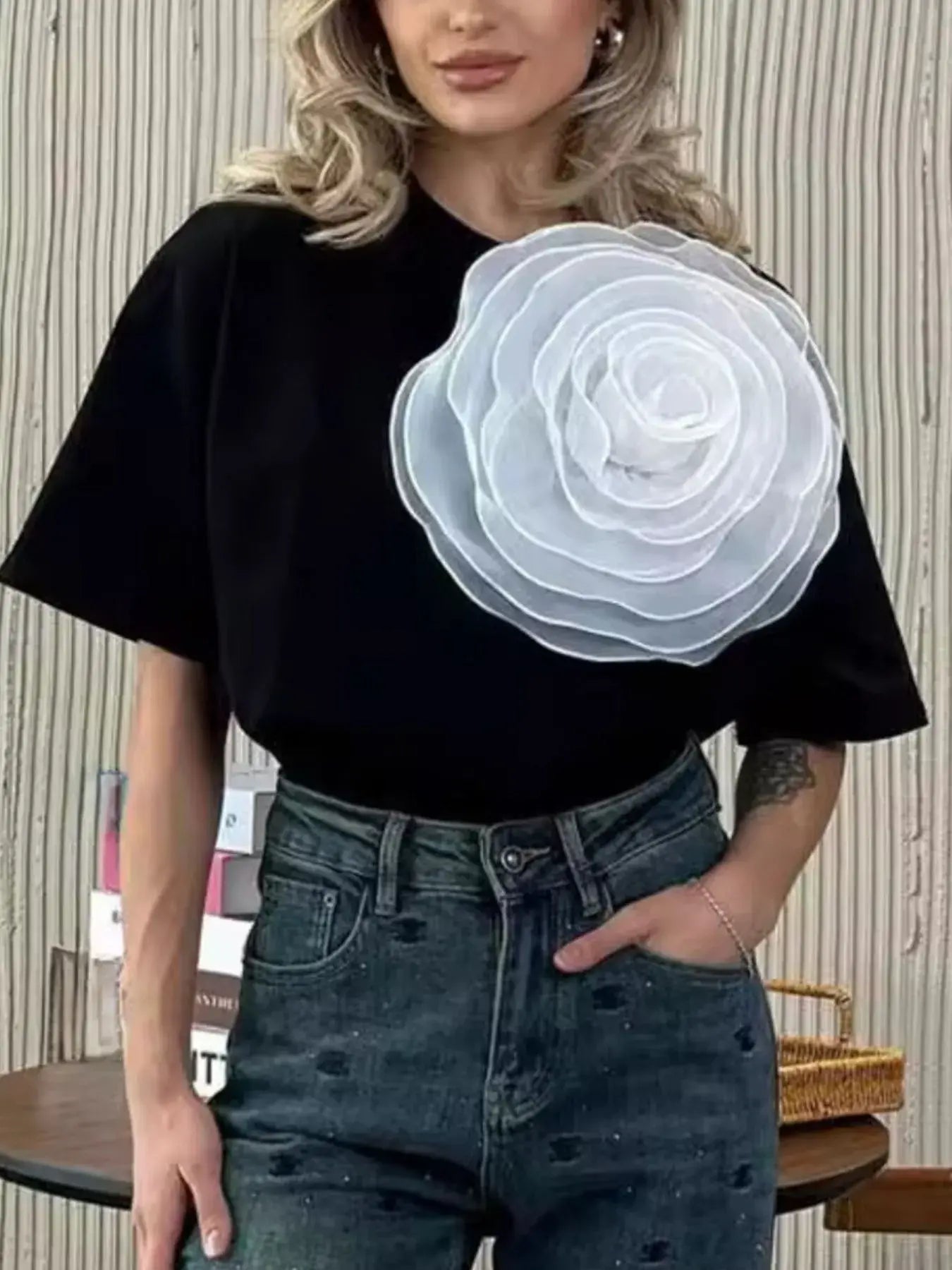 Flower Round Neck Short Sleeve T-Shirt - Trendsi - Flyclothing LLC