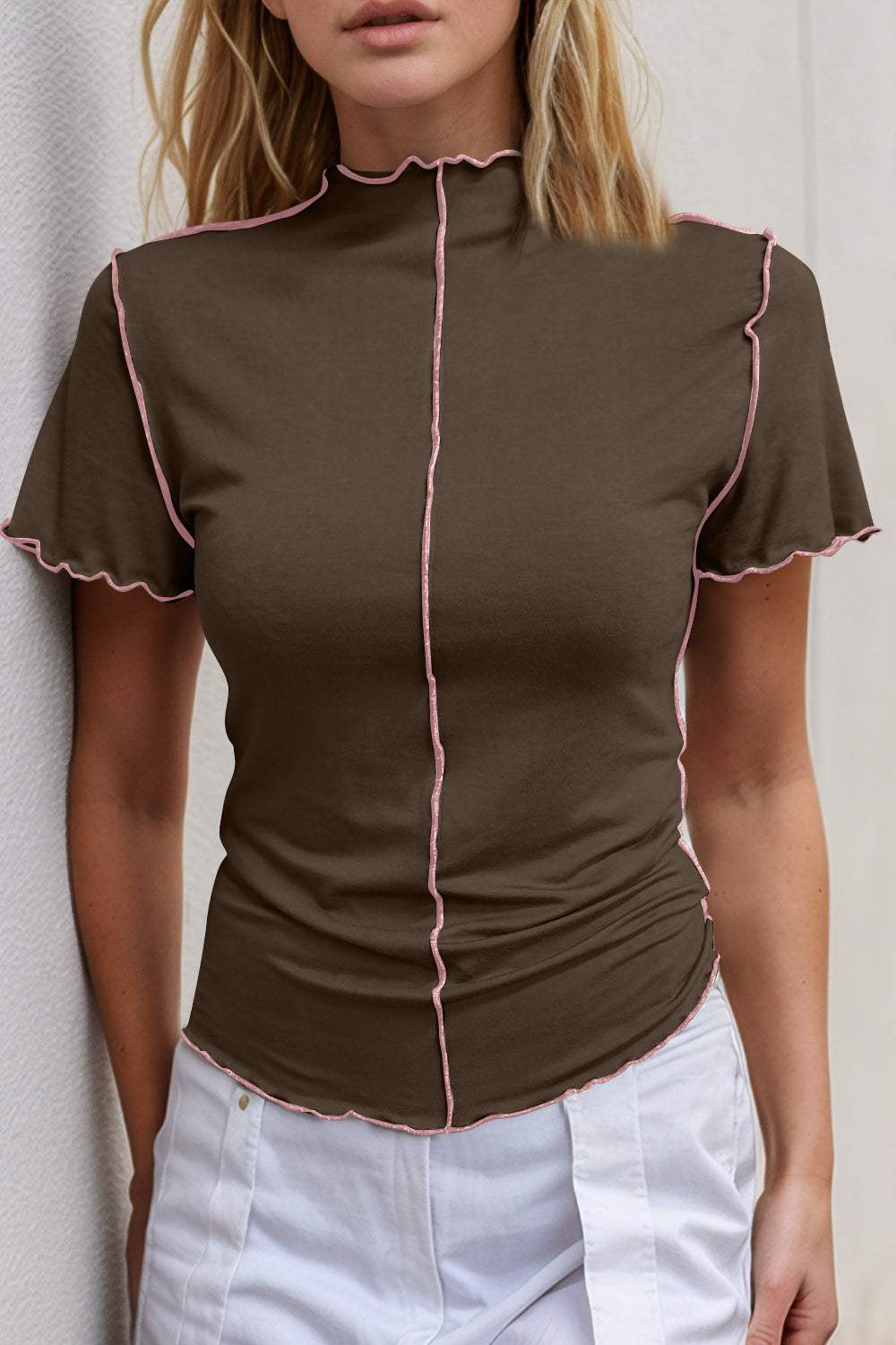 Basic Bae Contrast Trim Mock Neck Short Sleeve T-Shirt - Trendsi - Flyclothing LLC