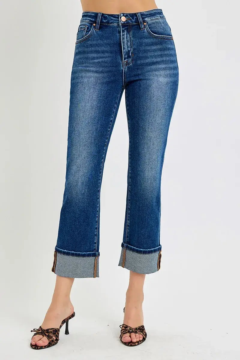 RISEN Full Size High Rise Ankle Straight Cuffed Jeans Plus Size - Trendsi - Flyclothing LLC