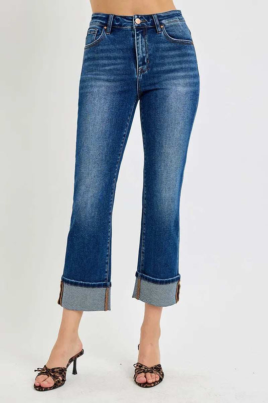 RISEN Full Size High Rise Ankle Straight Cuffed Jeans Plus Size - Trendsi - Flyclothing LLC