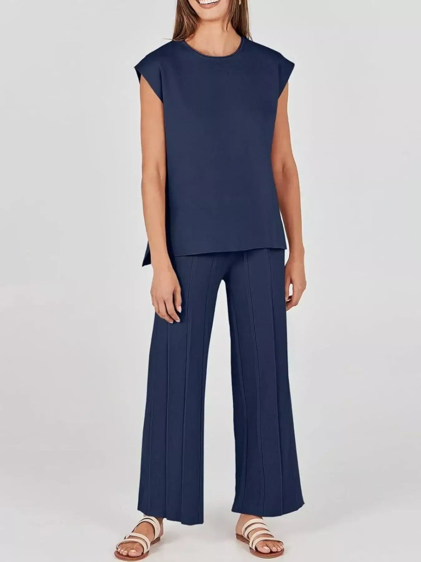 Casual Solid Color Cap Sleeve Top and Pants Knit Set - Trendsi - Flyclothing LLC
