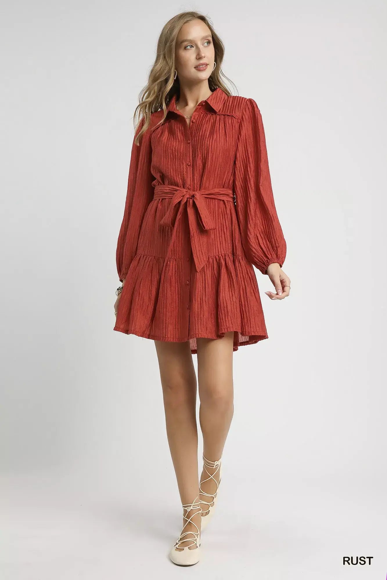 Umgee Crinkle Button-Front Tiered Mini Dress with Waist Tie - Trendsi - Flyclothing LLC