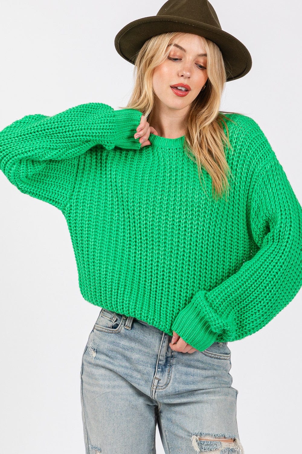 SAGE + FIG Round Neck Drop Shoulder Sweater - Trendsi