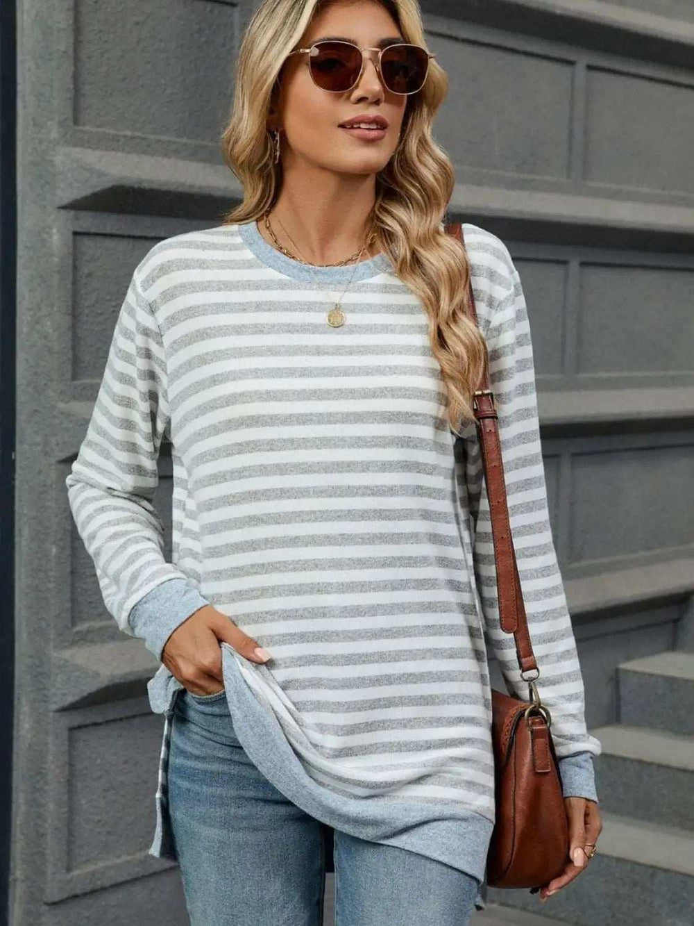 Striped Round Neck Long Sleeve T-Shirt - Trendsi - Flyclothing LLC