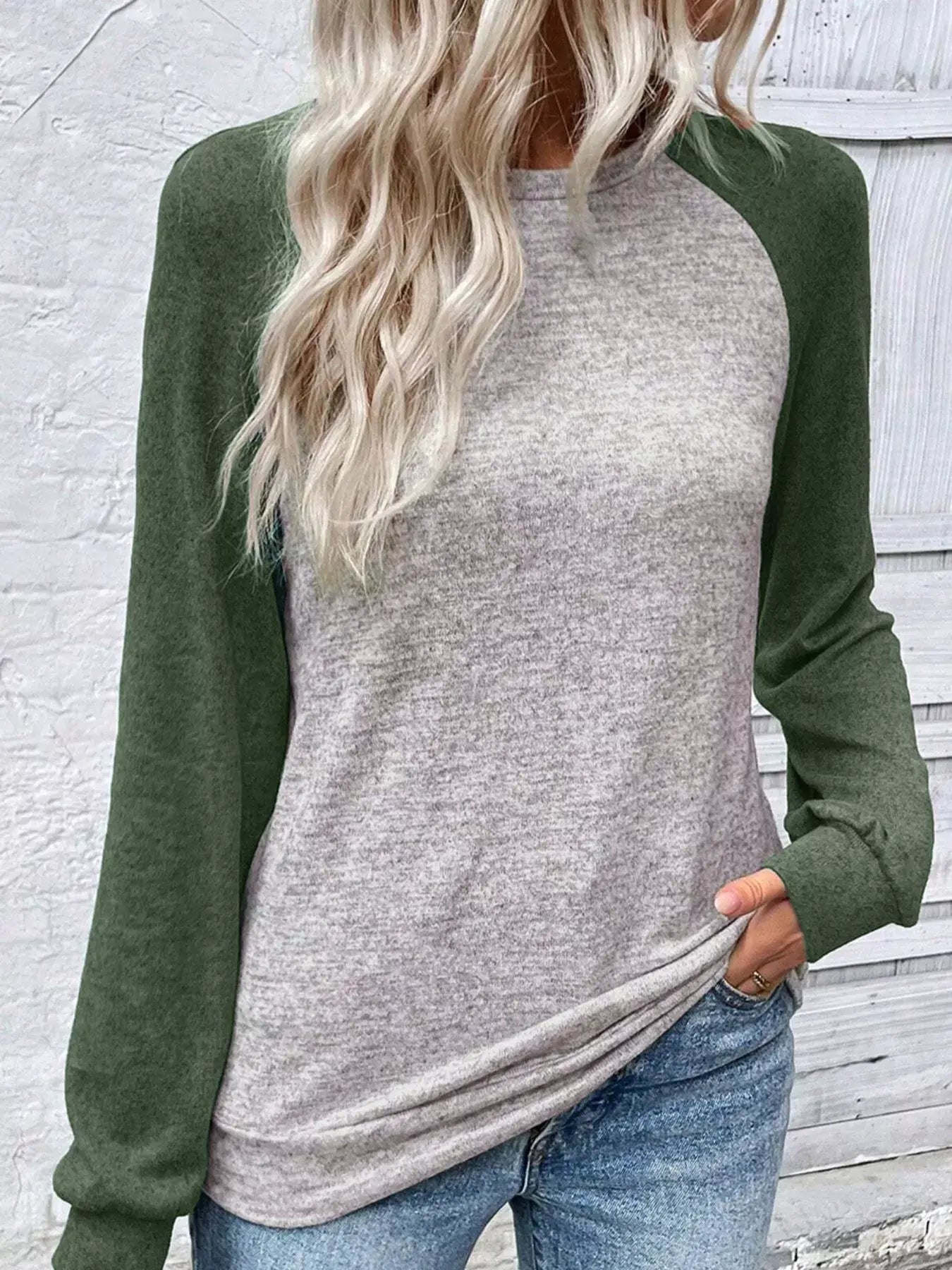 Color Block Raglan Long Sleeve T Shirt - Trendsi - Flyclothing LLC