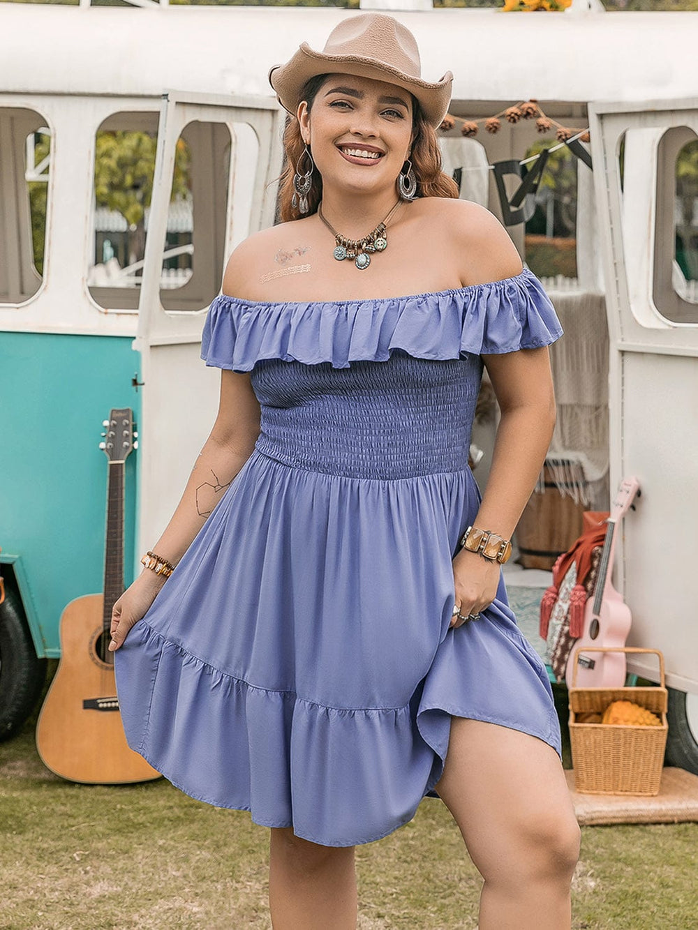 Plus Size Ruffled Smocked Off-Shoulder Mini Dress - Trendsi