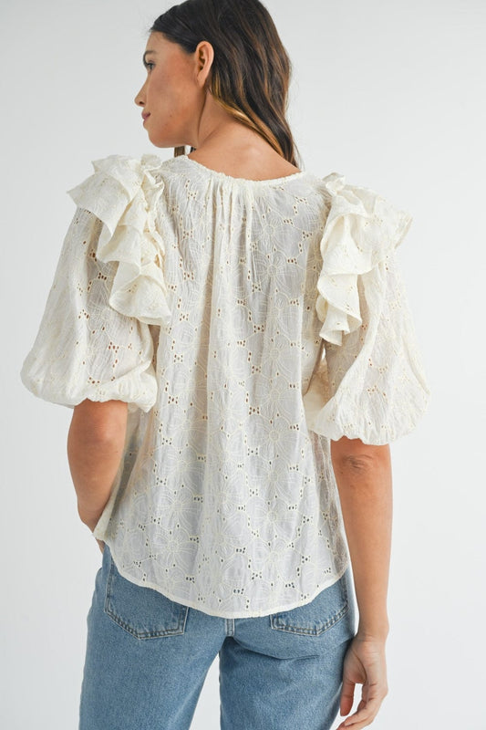 MABLE Eyelet Lace Ruffle Shoulder Puff Sleeve Blouse - Trendsi